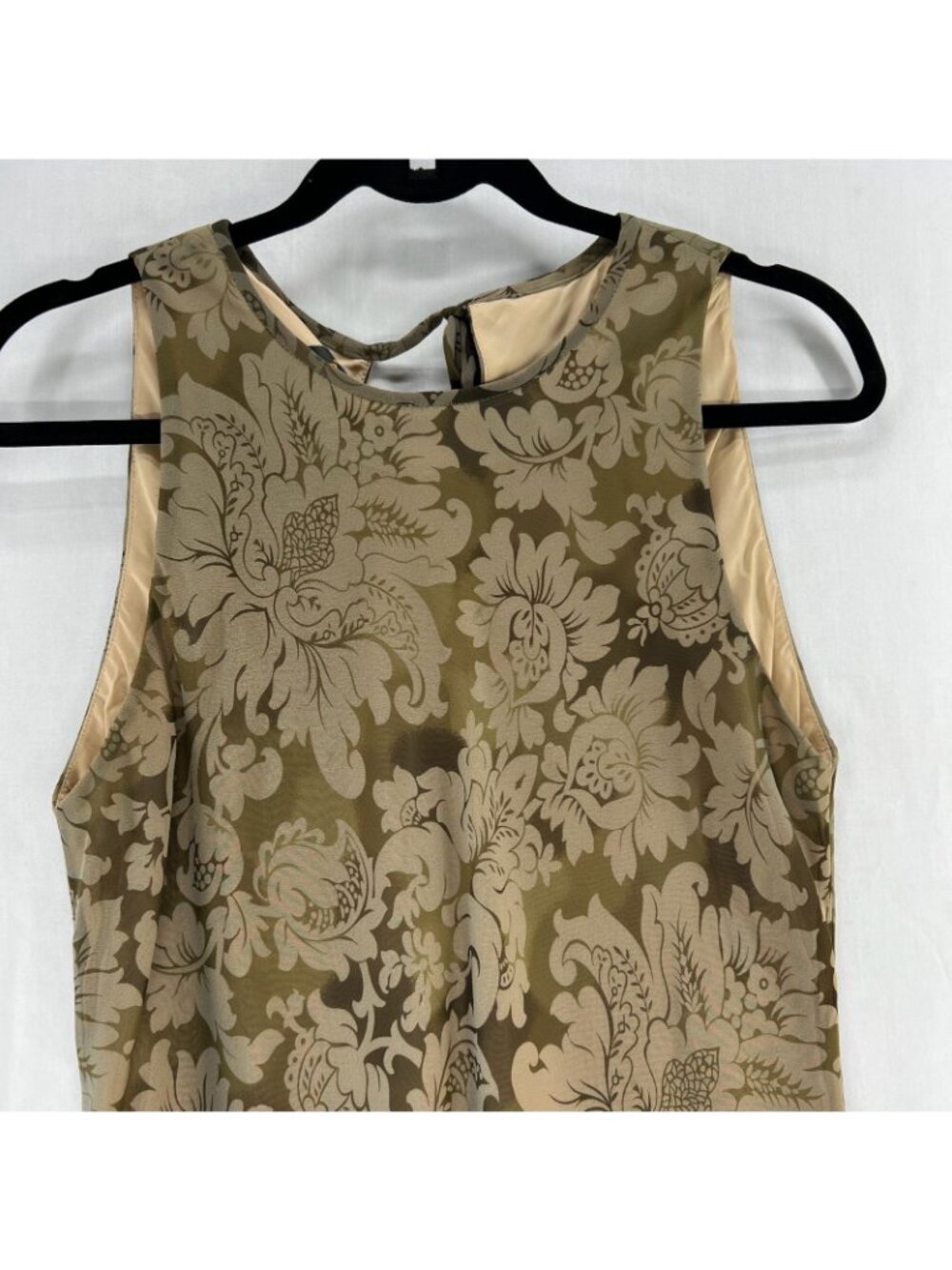 Donna Ricco Floral Chiffon A-Line Dress Womens 10 Tie Keyhole Sleeveless Vtg Tan - Picture 5 of 13